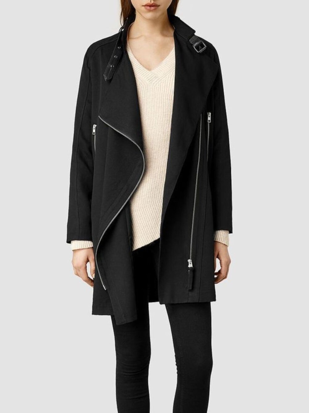 All Saints Wren Biker Coat Black with Leather Buckle Detail and Trim